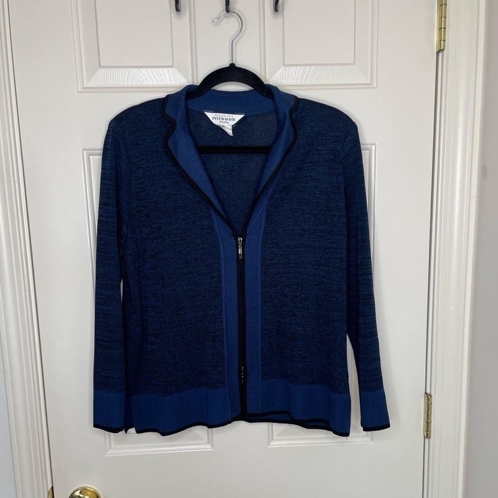 Exclusively Misook Petite Zip-Up Cardigan Jacket Navy Blue Knit Size M